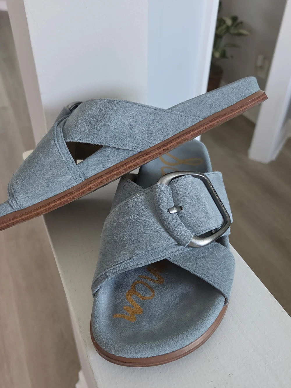 Sam Edelman Dusty Blue Suede Buckle Slide Mules - Picture 2 of 4